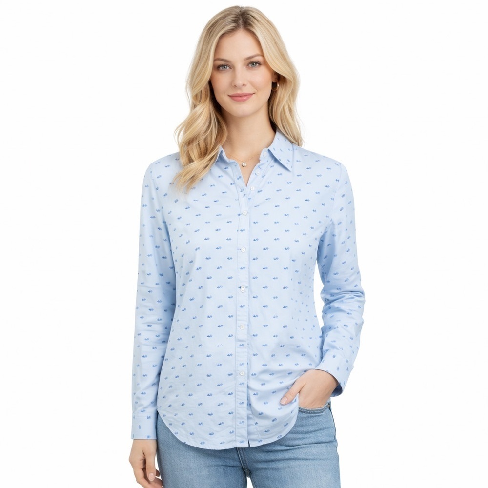J. McLaughlin Blue Swiss Dot Button Shirt Vertical Striped Cotton Blouse Size M